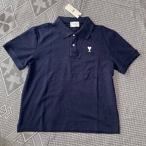 AMI White Heart Logo Polo Night Blue